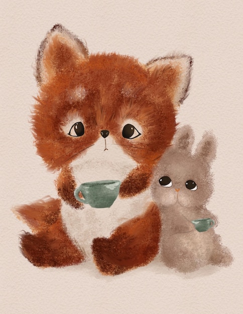 Fox and hare drinking tea, cute animal for kids room decoration, greeting card, forest dweller illus