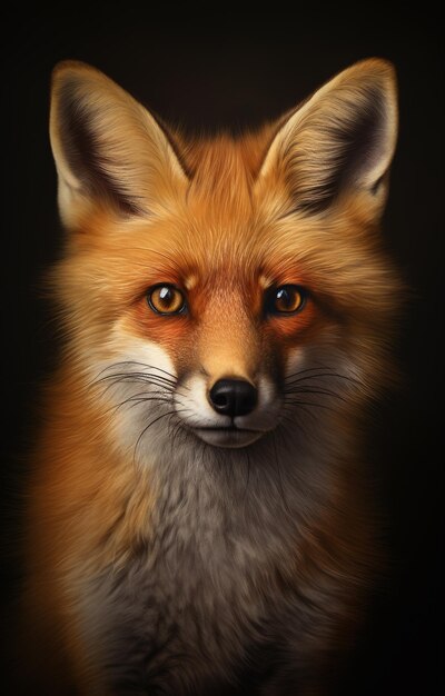 a fox has big bright eyes in the style of photorealistic surrealism dark red and light orange