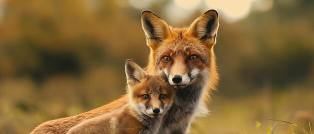 Fox and her cub in nature