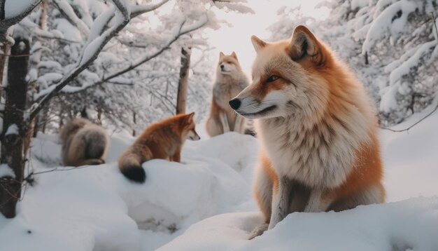 雪の中のキツネとその子たち