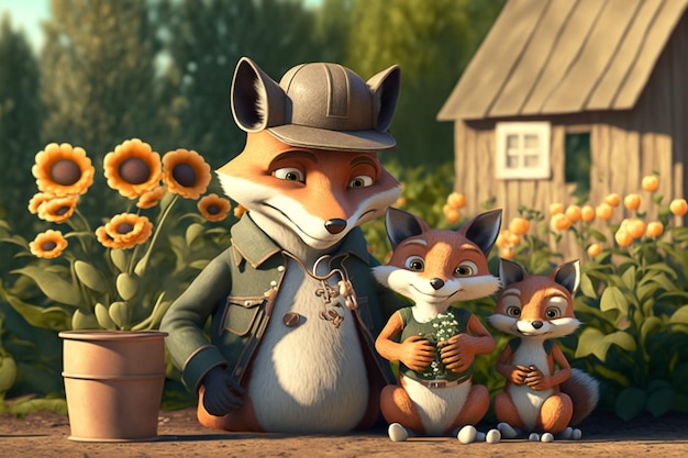 A fox and his family are sitting in front of a house with flowers.