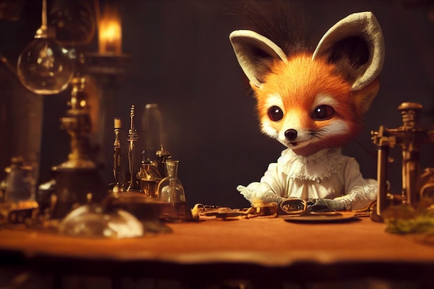 fox in his laboratory 3d illustration, tim burton style, illustration for children's stories