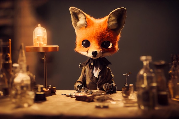 fox in his laboratory 3d illustration, tim burton style, illustration for children's stories