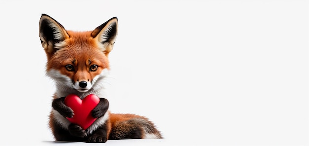 Fox holding a heart in its paws on a white background banner Generative AI