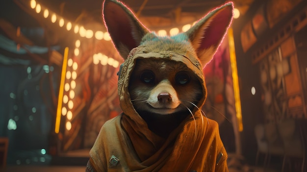 A fox in a hoodie sits in front of a lit background