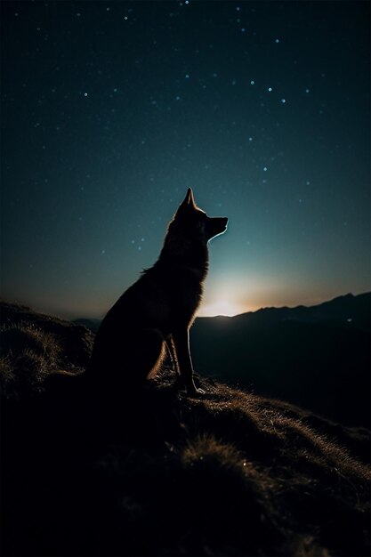 山の頂上で夜に吠えるキツネの生成 AI