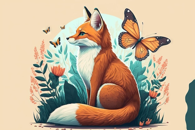 Fox illustratie met een vlinder die een schattig dier is Achtergrond illustratie
