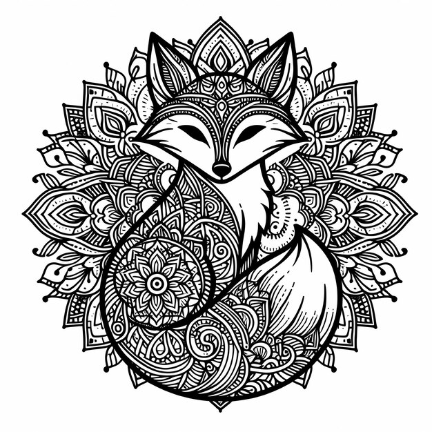 Photo fox illustration mandala outline image of a fox