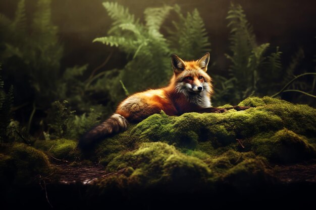 A fox is lying on a mossy rock in the forest