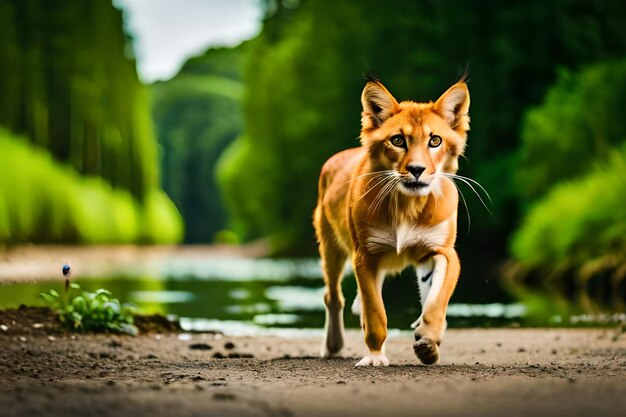 Photo a fox is running along a path in the woods