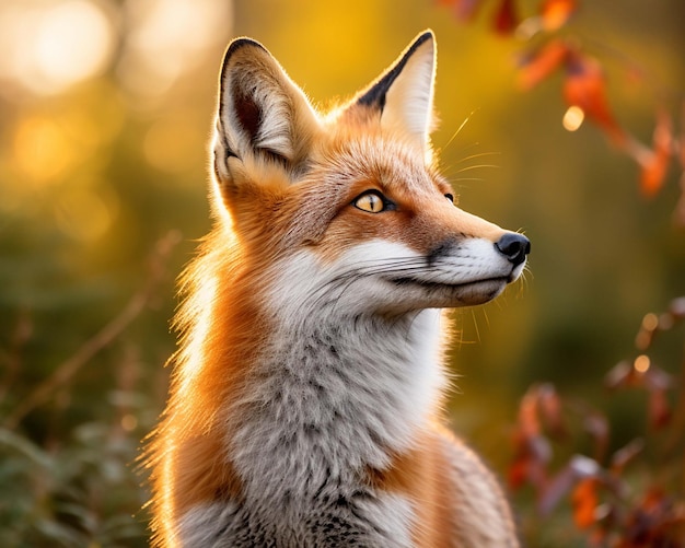 A fox is sitting in a bush with the sun behind it