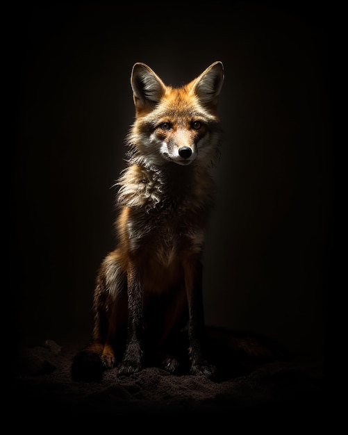 A fox is sitting in the dark with the light on