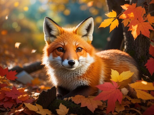 Photo a fox is sitting in the leaves of a tree in the fall