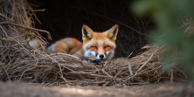 A fox is sitting in a nest.