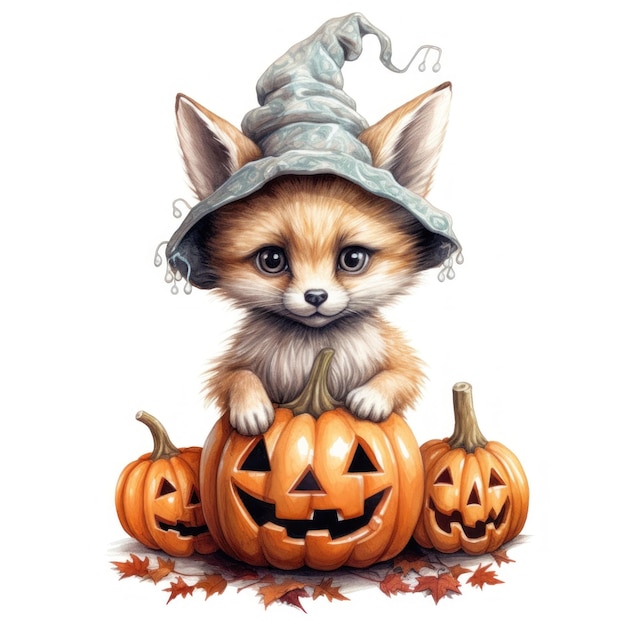 a fox is sitting in a pumpkin with a hat on it.