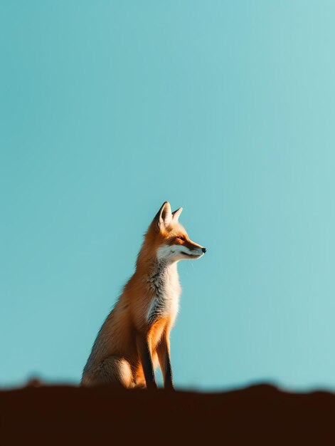 A fox is sitting on a roof with a blue background.