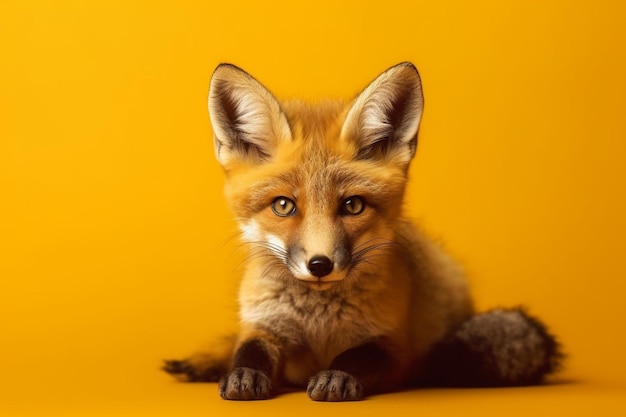 A fox is sitting on a yellow background