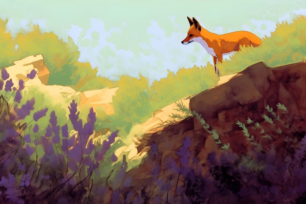 A fox is standing on a cliff with lavender in the background.