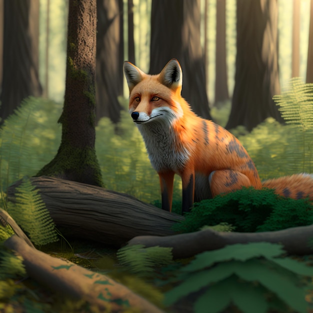 A fox is standing in the forest and the sun is shining on it.