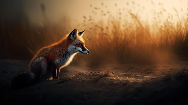 A fox is standing in the grass at sunset.