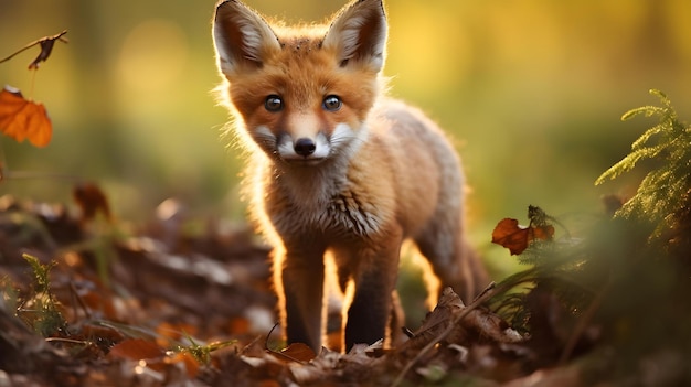 a fox is standing in the leaves of a forest.