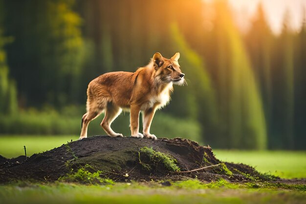 Photo a fox is standing on a log in the forest