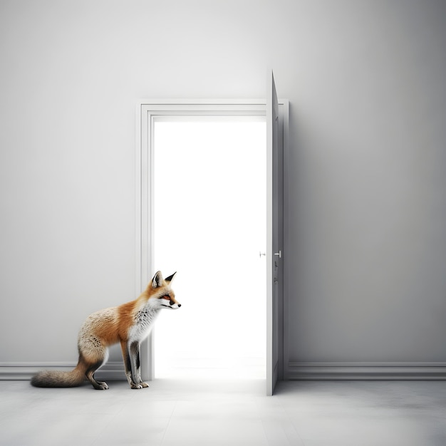 A fox is standing in a room with a door open.