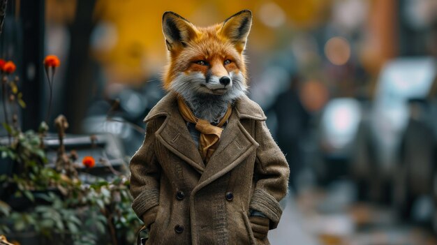 A fox is wearing a coat and tie and standing on a sidewalk