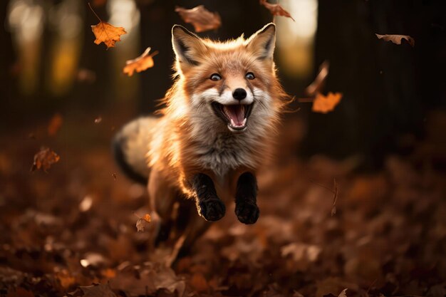 Fox Jumping In Fall Leaves