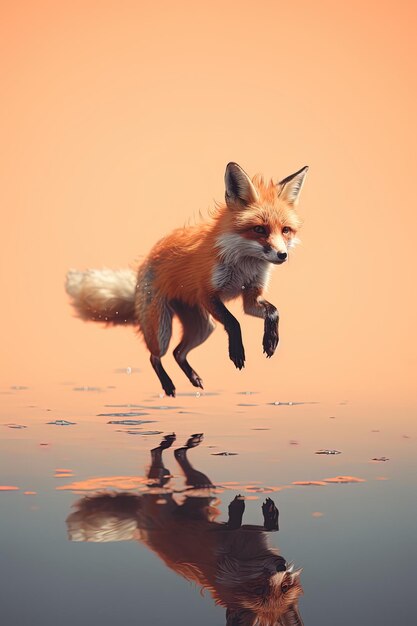 Foto una volpe salta in acqua con il riflesso del cielo sullo sfondo