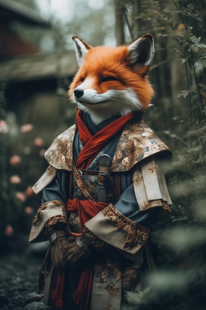 A fox in a kimono with a red bow on his head