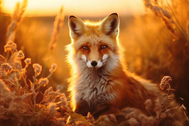 fox in the light of the sun at sunset close up