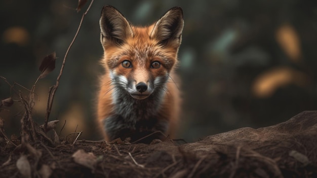 A fox looks at the camera with a blurry background