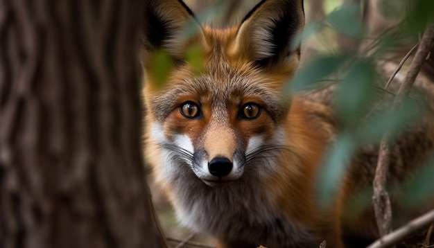 A fox looks through a tree