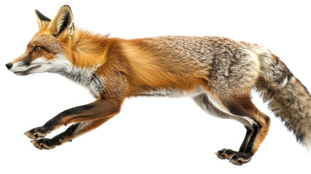 A fox in midpounce isolated on a white background