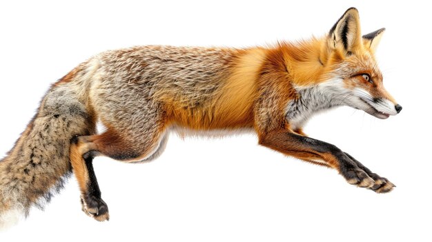 A fox in midpounce isolated on a white background