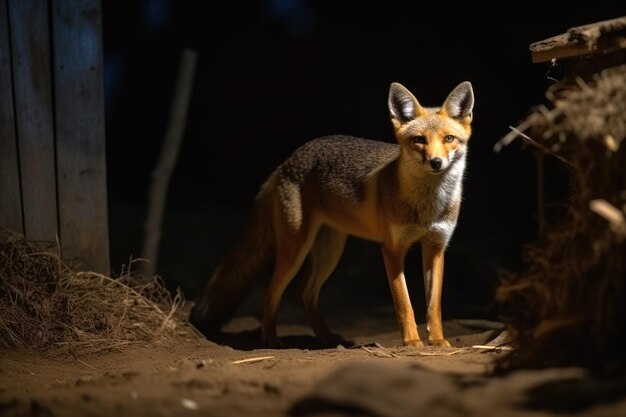 Photo fox at night in countryside village area generative ai