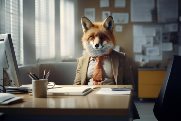 Photo a fox in an orange shirt with a tie sits at the office desk a fox in the office with a tie