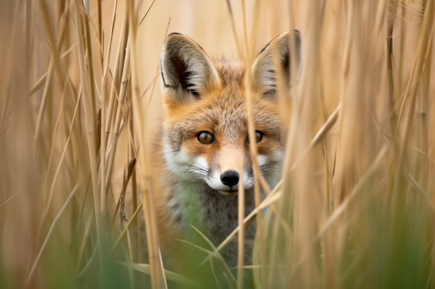 A fox peering out from behind a patch of tall grasses