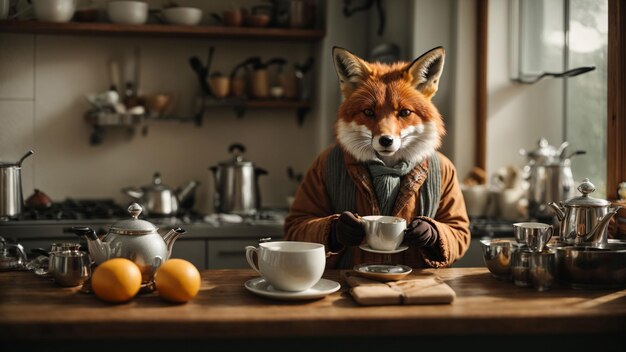 A fox preparing a cup of tea in a cozy kitchen