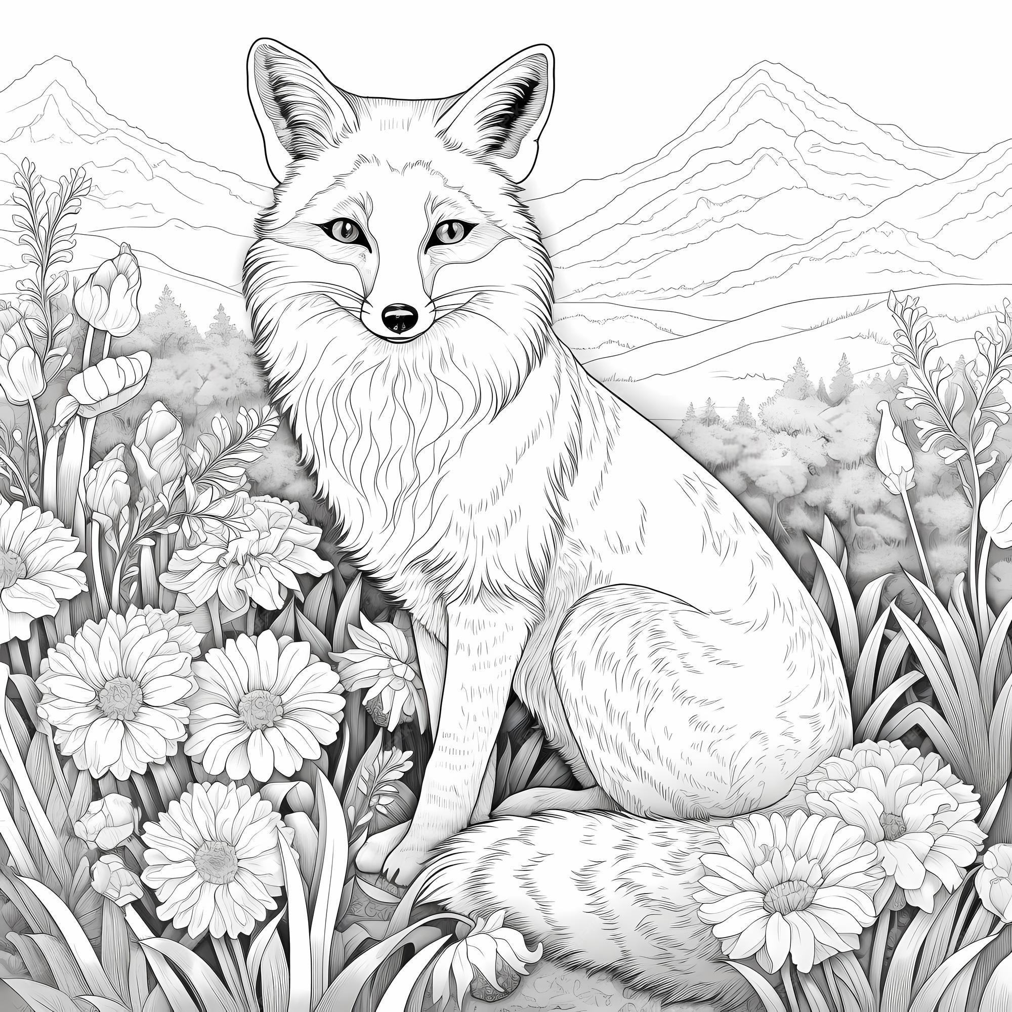 Fox realistic coloring page with landscape flowers Premium AI