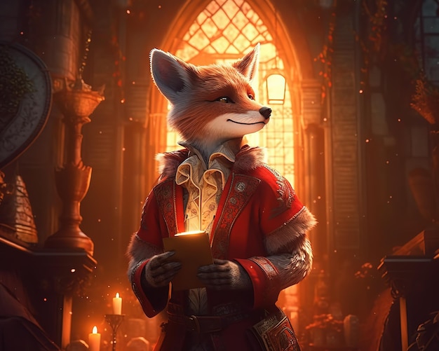 A fox in a red suit stands in front of a gothic window.