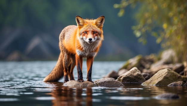 Photo a fox on a rock in a river