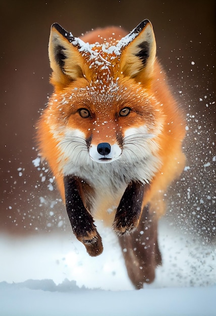 A fox runs through the snow with snow on its nose.