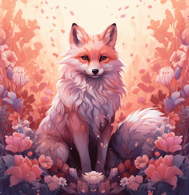 A fox sits among flowers in a field