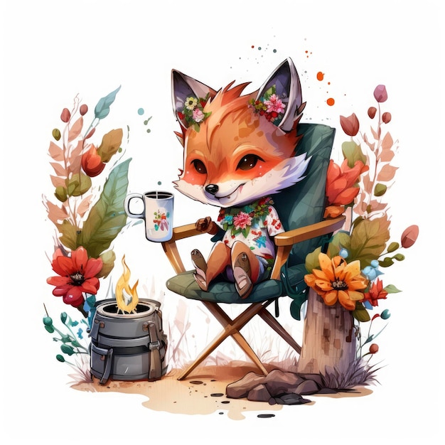 A fox sits in a chair with a mug of coffee.