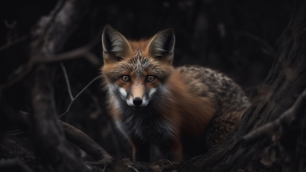 A fox sits in a dark forest with a dark background.