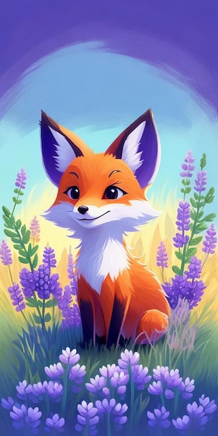 A fox sits in a field of flowers.