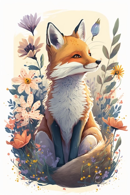 A fox sits in a field of flowers.