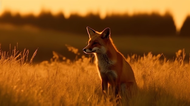 A fox sits in a field at sunset.